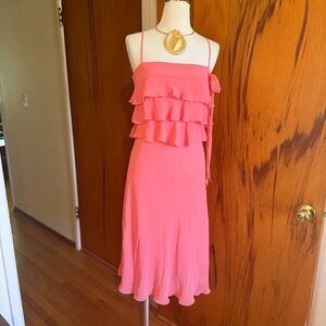 Coral Ruffle Midi Dress - Elegant Spaghetti Strap